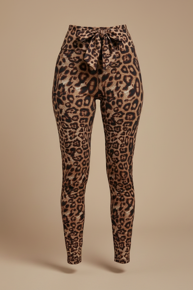 Pantalon Léopard Marron Moulant Imprimé Ceinture Nœud - Polyester - vue 3