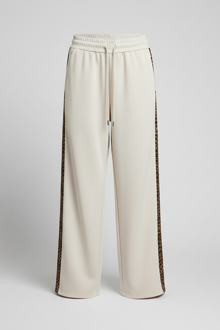 Pantalon Léopard Écru Large Rayure Latérale Décontracté - Beige Molleton - vue 3