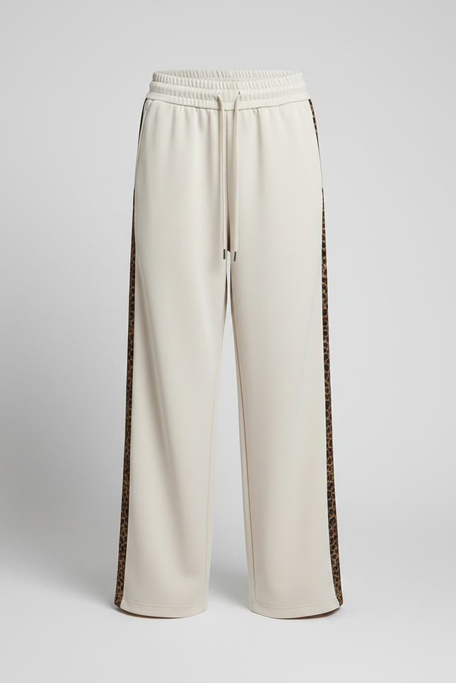 Pantalon Léopard Écru Large Rayure Latérale Décontracté - Beige Molleton - vue 3