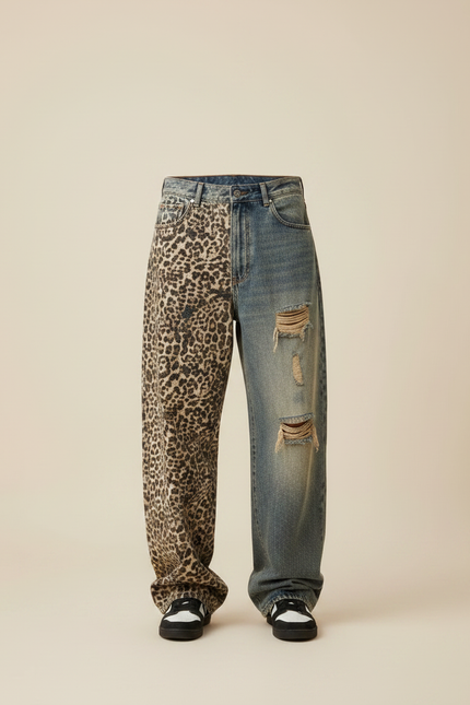 Pantalon Léopard Patchwork Jean Ripped Homme Décontracté - Multicolore - vue 3