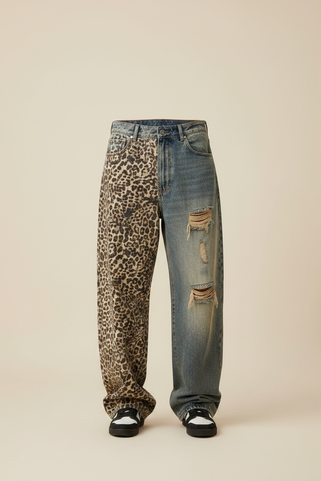 Pantalon Léopard Patchwork Jean Ripped Homme Décontracté - Multicolore - vue 3