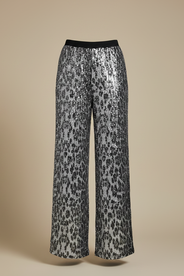Pantalon Léopard Paillettes Évasé Brillant Femme - Argenté Polyester - vue 3
