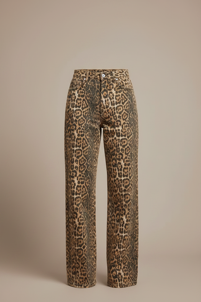 Pantalon Léopard Marron Jean Ample Taille Haute - vue 3