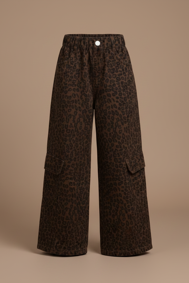 Pantalon Léopard Marron Ample Cargo Décontracté Fille - Toile - vue 3