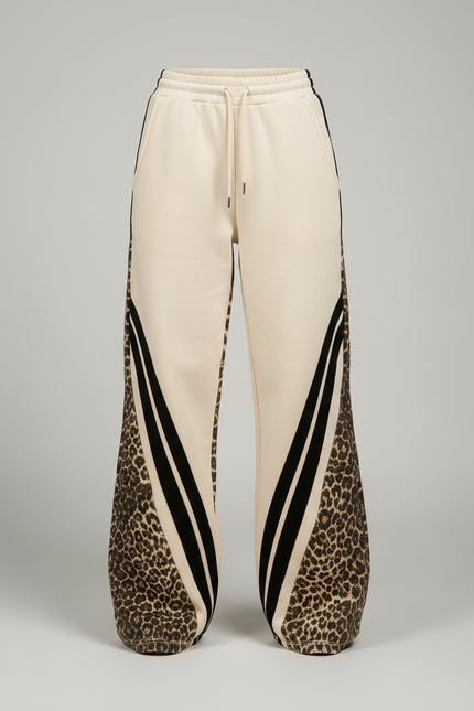 Pantalon Léopard Évasé Crème Rayures Noires Décontracté - Beige Molleton - vue 3