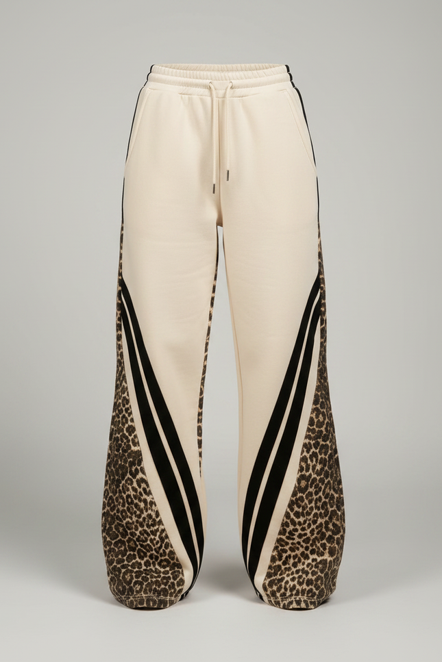 Pantalon Léopard Évasé Crème Rayures Noires Décontracté - Beige Molleton - vue 3