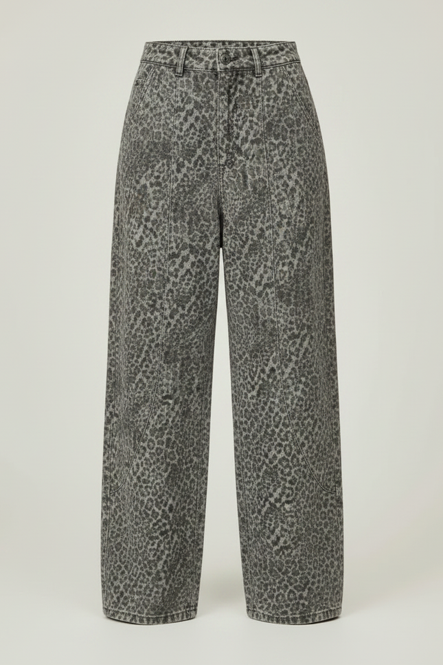 Pantalon Léopard Gris Ample Décontracté Ceinturé - Imprimé Jean - vue 3