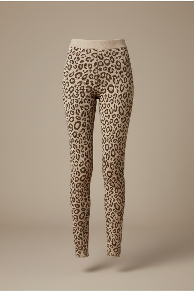 Pantalon Léopard Beige Imprimé Slim Chaud Hiver - Maille - vue 3