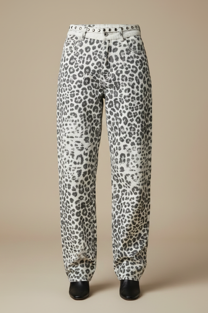 Pantalon Léopard Gris Délavé Ample Clouté Femme - Jean - vue 3