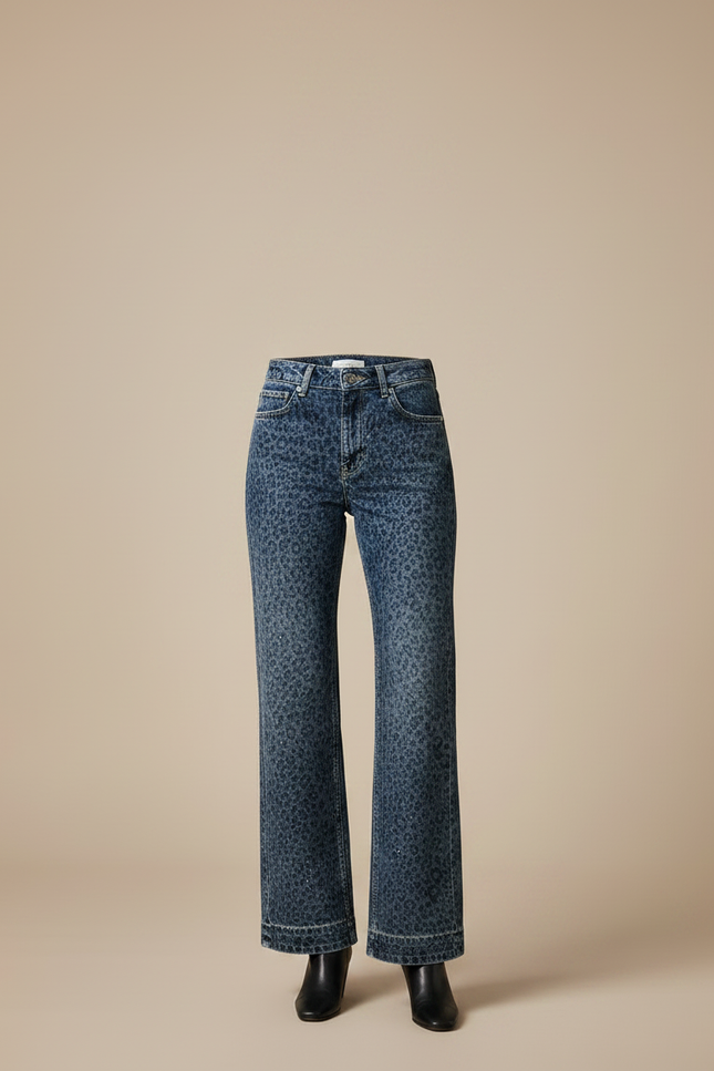 Pantalon Léopard Jean Ample Bleu Imprimé Délavé Femme - vue 3