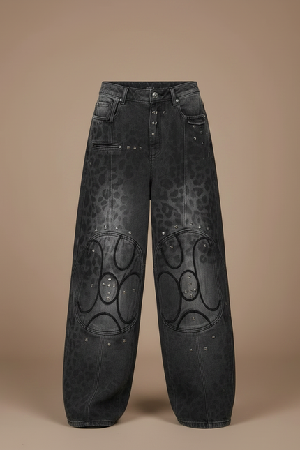 Pantalon Léopard Gris Délavé Large Motif Géométrique Clouté - Jean - vue 3
