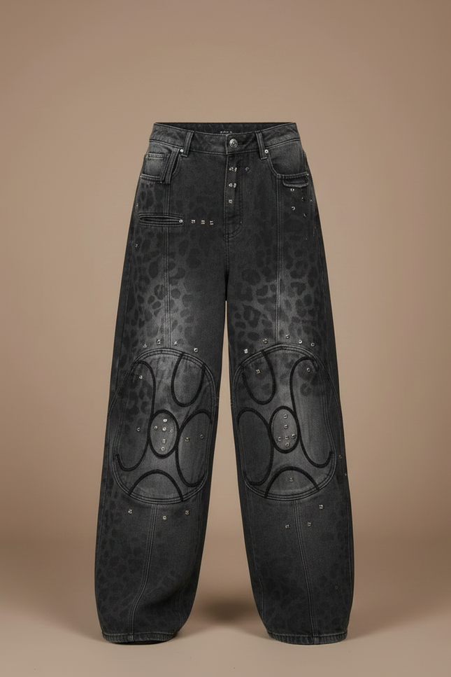 Pantalon Léopard Gris Délavé Large Motif Géométrique Clouté - Jean - vue 3