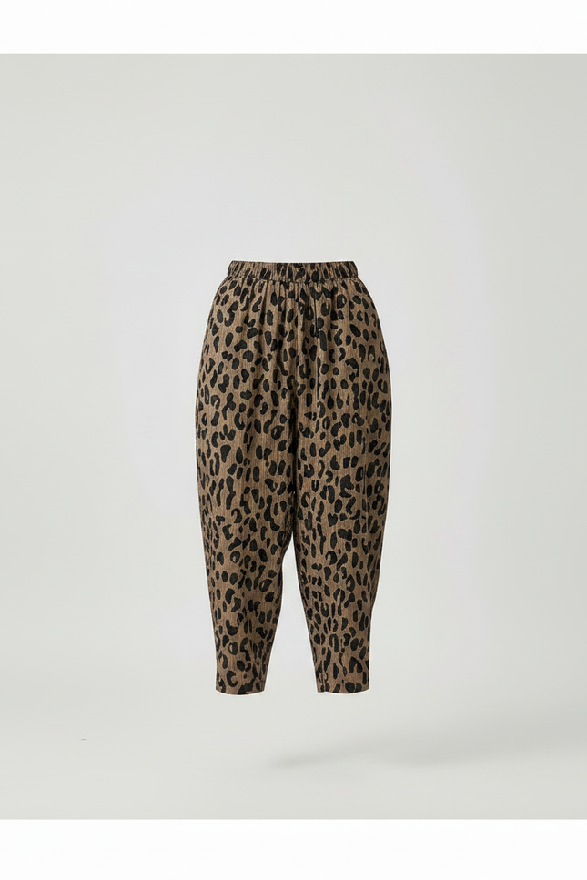 Pantalon Léopard Marron Ample Motif Animal Décontracté - Lin - vue 3