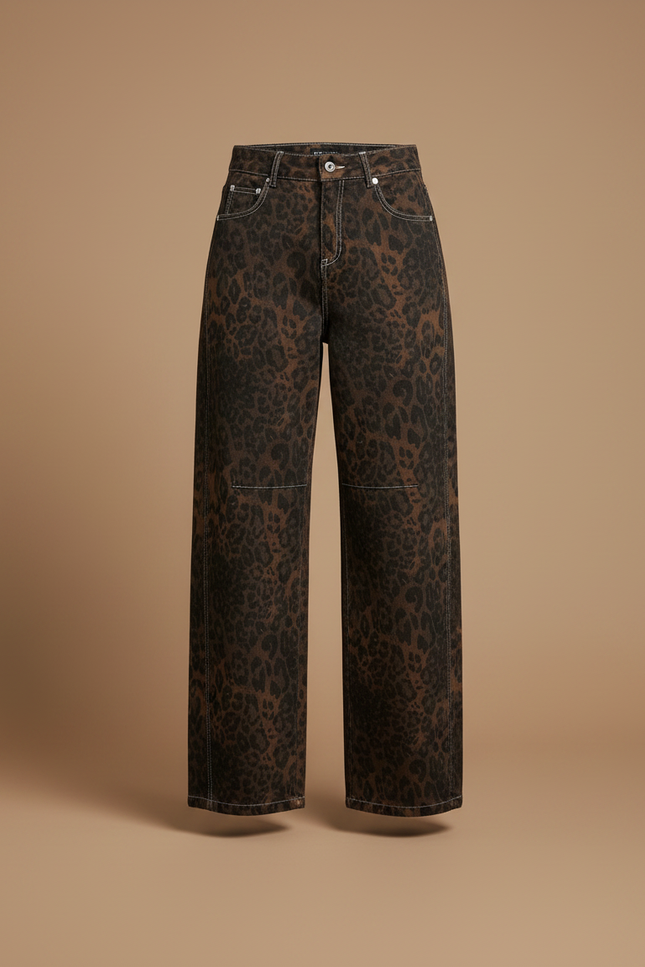 Pantalon Léopard Marron Imprimé Ample Denim Large - Jean - vue 3